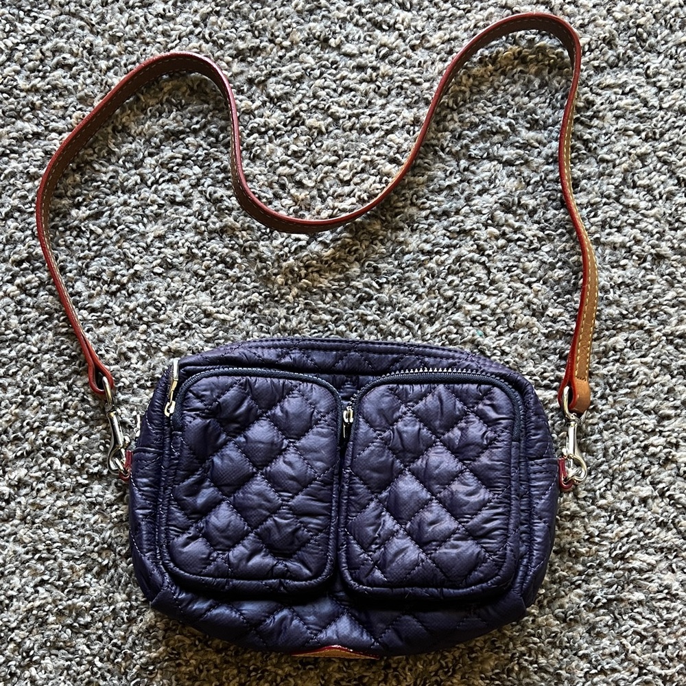 MZ Wallace Quilted Navy Crossbody Bag with Contrast Strap